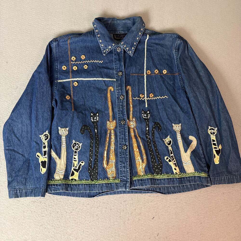 Life Style Petite PL Denim Jacket Blue Embroidered Cats Art to Wear 100% Cotton